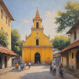 A painting of an old Vietnamese church, bathed in a color scheme of yellow and orange, set in a tranquil street scene populated by a small group of people