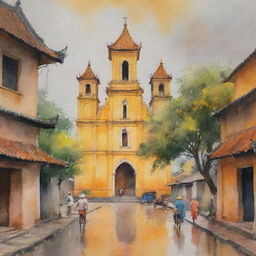 A watercolor painting displaying an ancient Vietnamese church, drenched in hues of yellow and orange, along with a serene street and a smattering of figures