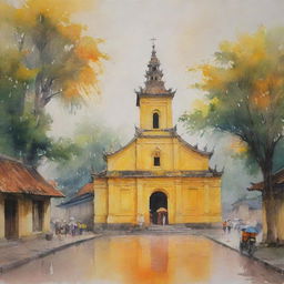 A watercolor painting displaying an ancient Vietnamese church, drenched in hues of yellow and orange, along with a serene street and a smattering of figures