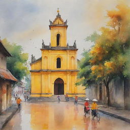 A watercolor painting displaying an ancient Vietnamese church, drenched in hues of yellow and orange, along with a serene street and a smattering of figures