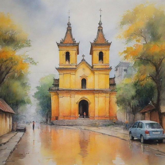 A watercolor painting displaying an ancient Vietnamese church, drenched in hues of yellow and orange, along with a serene street and a smattering of figures