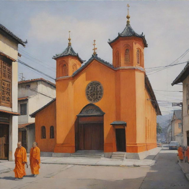 A realistic painting representing an Asian church, colored primarily in tones of orange and yellow, with a few individuals scattered on the nearby street