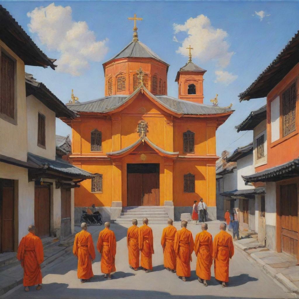 A realistic painting capturing an Asian church colored with orange and yellow, featuring a street scene inhabited by everyday citizens, with no monks present