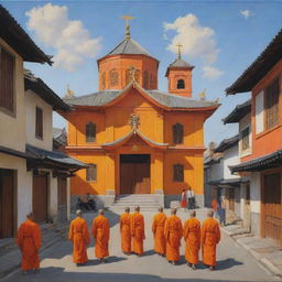 A realistic painting capturing an Asian church colored with orange and yellow, featuring a street scene inhabited by everyday citizens, with no monks present