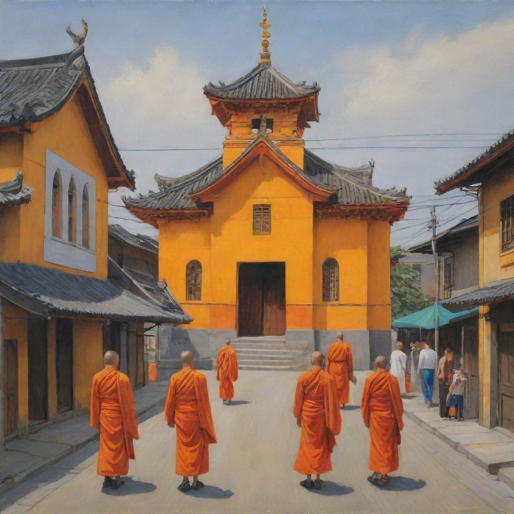 A realistic painting capturing an Asian church colored with orange and yellow, featuring a street scene inhabited by everyday citizens, with no monks present