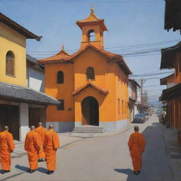 A realistic painting capturing an Asian church colored with orange and yellow, featuring a street scene inhabited by everyday citizens, with no monks present