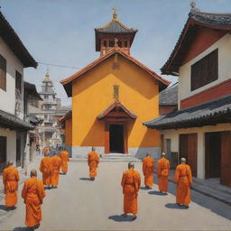 A realistic painting capturing an Asian church colored with orange and yellow, featuring a street scene inhabited by everyday citizens, with no monks present