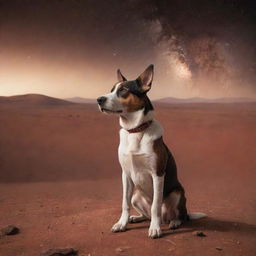 A dog sitting on the Mars surface amid a dusty red landscape with a starry sky behind it.