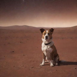 A dog sitting on the Mars surface amid a dusty red landscape with a starry sky behind it.