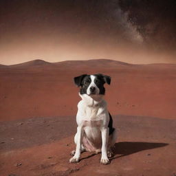 A dog sitting on the Mars surface amid a dusty red landscape with a starry sky behind it.