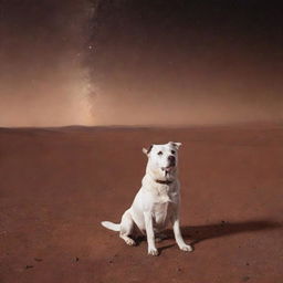 A dog sitting on the Mars surface amid a dusty red landscape with a starry sky behind it.