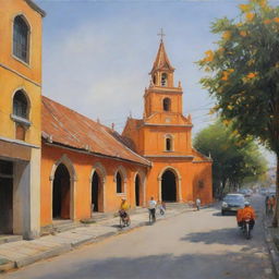 A realistic painting illustrating a Vietnamese Christian church, enveloped in shades of orange and yellow, accompanied by a quiet street with a few pedestrians casually strolling