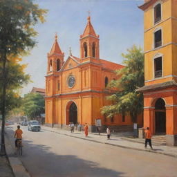 A realistic painting illustrating a Vietnamese Christian church, enveloped in shades of orange and yellow, accompanied by a quiet street with a few pedestrians casually strolling