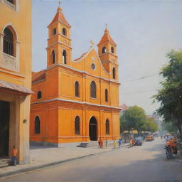 A realistic painting illustrating a Vietnamese Christian church, enveloped in shades of orange and yellow, accompanied by a quiet street with a few pedestrians casually strolling