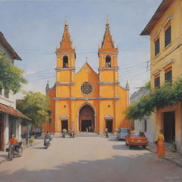 A realistic painting illustrating a Vietnamese Christian church, enveloped in shades of orange and yellow, accompanied by a quiet street with a few pedestrians casually strolling