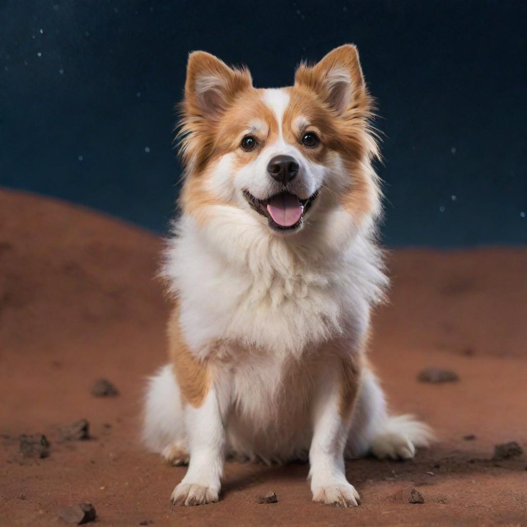 An irresistibly cute dog with expressive eyes and fluffy fur sitting on the Mars surface with a starry sky behind it.