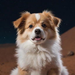 An irresistibly cute dog with expressive eyes and fluffy fur sitting on the Mars surface with a starry sky behind it.