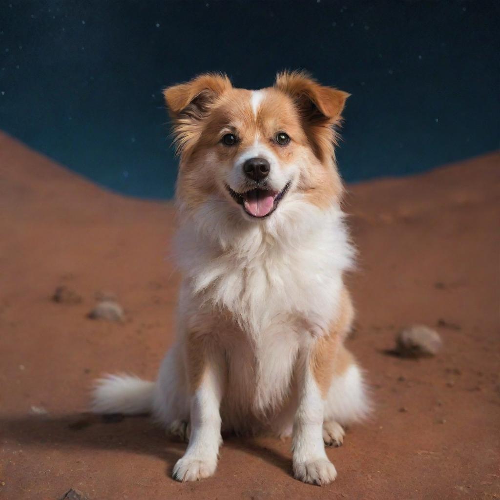 An irresistibly cute dog with expressive eyes and fluffy fur sitting on the Mars surface with a starry sky behind it.