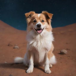 An irresistibly cute dog with expressive eyes and fluffy fur sitting on the Mars surface with a starry sky behind it.