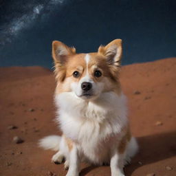 An irresistibly cute dog with expressive eyes and fluffy fur sitting on the Mars surface with a starry sky behind it.