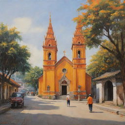 A realistic painting showcasing an ancient Vietnamese Christian church radiating with tones of orange and yellow, set against a tranquil street scene with a few individuals walking by