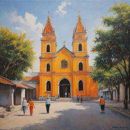 A realistic painting showcasing an ancient Vietnamese Christian church radiating with tones of orange and yellow, set against a tranquil street scene with a few individuals walking by