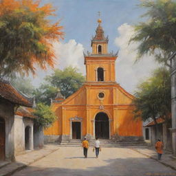 A realistic painting showcasing an ancient Vietnamese Christian church radiating with tones of orange and yellow, set against a tranquil street scene with a few individuals walking by