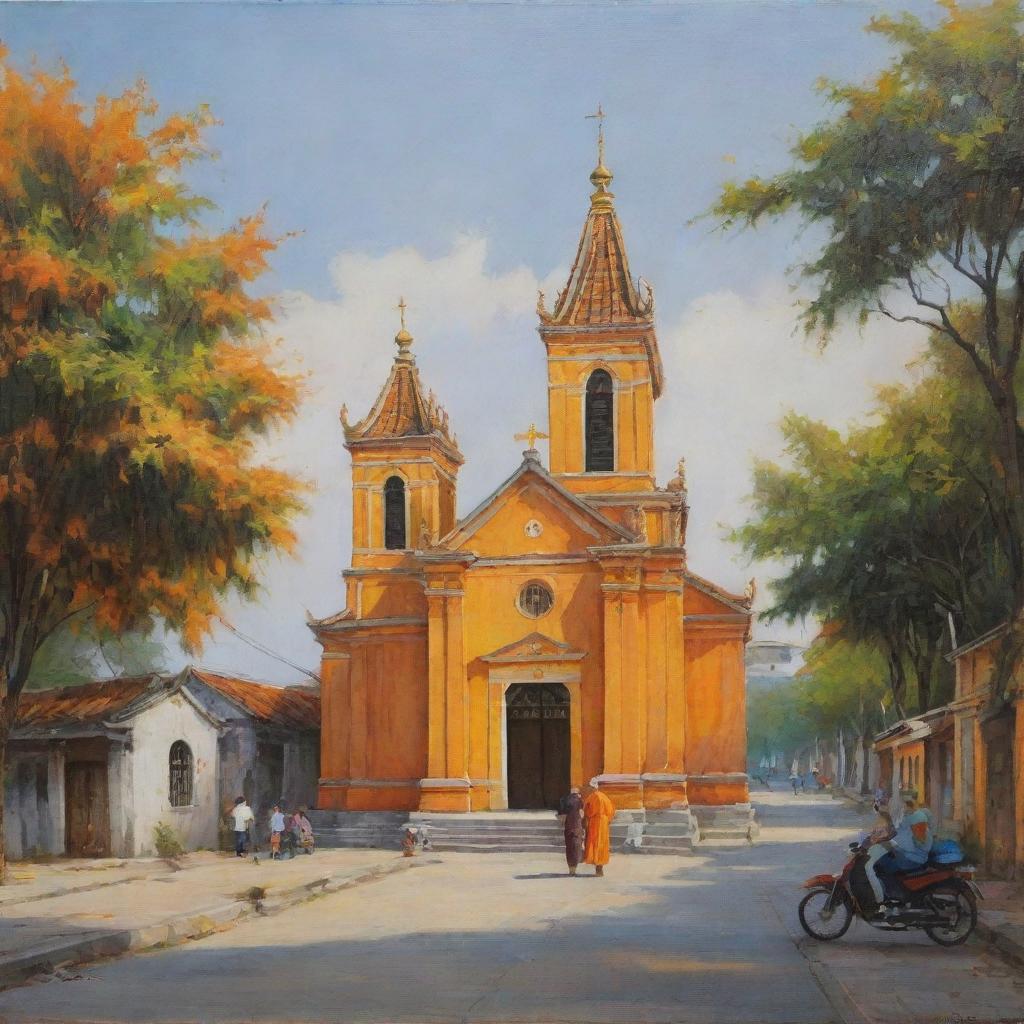 A realistic painting showcasing an ancient Vietnamese Christian church radiating with tones of orange and yellow, set against a tranquil street scene with a few individuals walking by