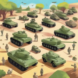 A vivid digital art piece showcasing a variety of military vehicles in a playful and educational context, reminiscent of a children's picture show