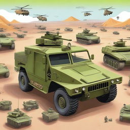 A vivid digital art piece showcasing a variety of military vehicles in a playful and educational context, reminiscent of a children's picture show