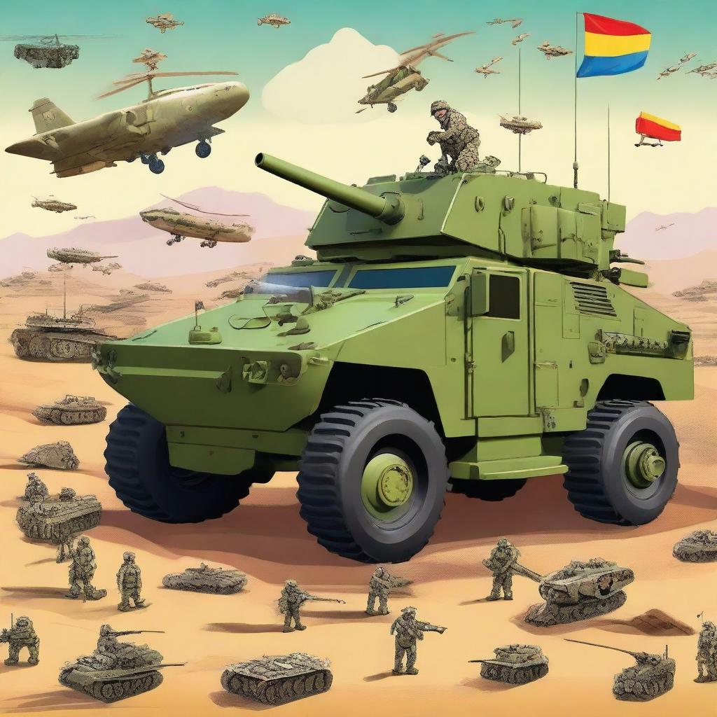 A vivid digital art piece showcasing a variety of military vehicles in a playful and educational context, reminiscent of a children's picture show