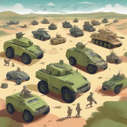 A vivid digital art piece showcasing a variety of military vehicles in a playful and educational context, reminiscent of a children's picture show