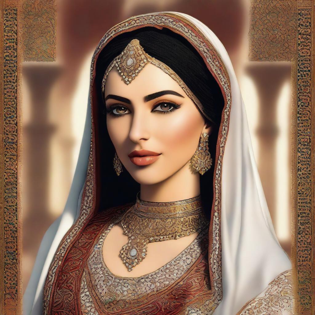 A digital art piece capturing an elegant Arab woman in traditional attire from the Umayyad era, residing in Damascus with her beloved