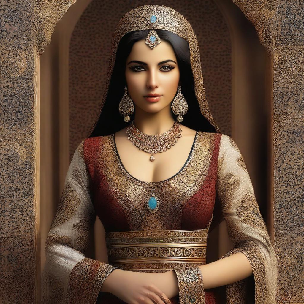 A digital art piece capturing an elegant Arab woman in traditional attire from the Umayyad era, residing in Damascus with her beloved