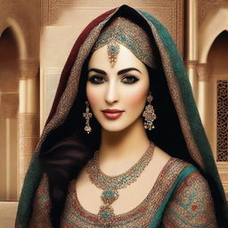 A digital art piece capturing an elegant Arab woman in traditional attire from the Umayyad era, residing in Damascus with her beloved