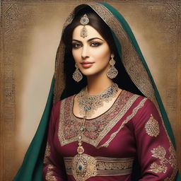 A digital art piece capturing an elegant Arab woman in traditional attire from the Umayyad era, residing in Damascus with her beloved