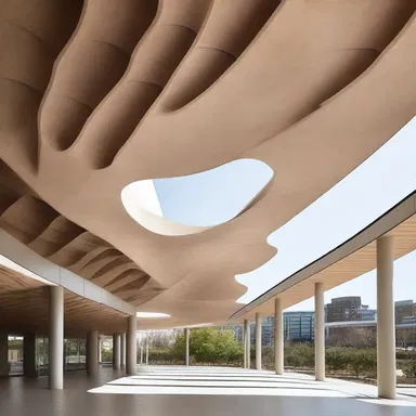 The unique shape of the building's roof was inspired by the form of a campylotropous ovule.