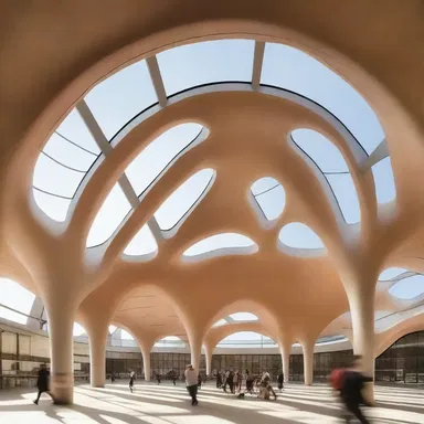 The unique shape of the building's roof was inspired by the form of a campylotropous ovule.