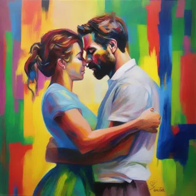 The painting beautifully captures the deep emotions and complexities of a marital relationship through vivid colors and expressive brushstrokes.