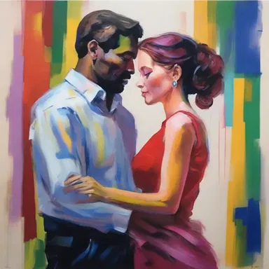 The painting beautifully captures the deep emotions and complexities of a marital relationship through vivid colors and expressive brushstrokes.