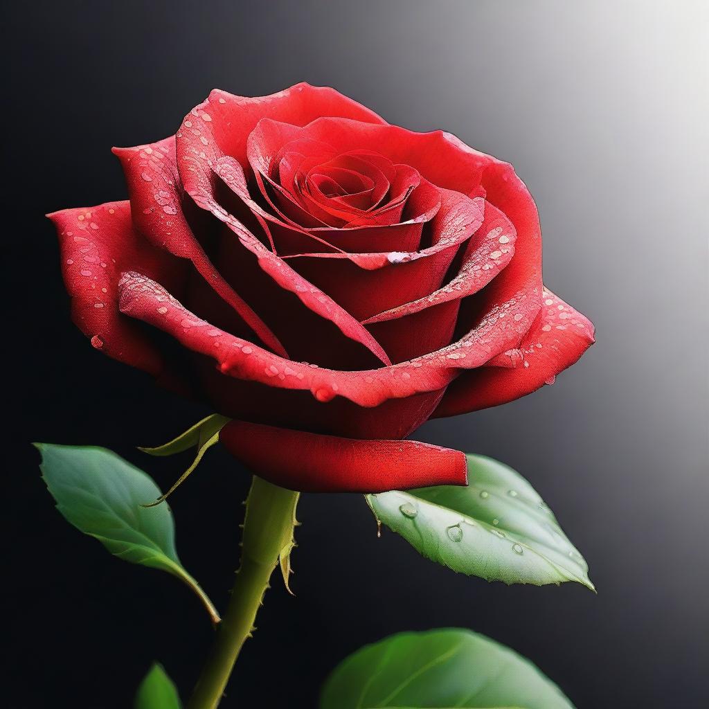 A stunning high-quality digital art piece showcasing a vibrant red rose in full bloom