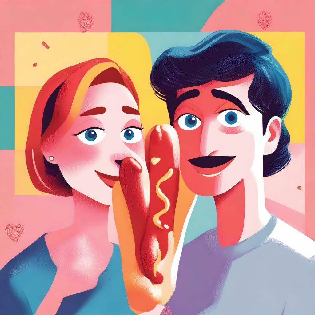 A high-quality digital art piece depicting a couple, each starting from the opposite end, sharing a hot dog