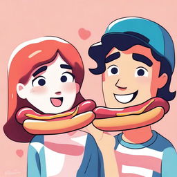 A high-quality digital art piece depicting a couple, each starting from the opposite end, sharing a hot dog