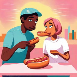 A high-quality digital art piece depicting a couple, each starting from the opposite end, sharing a hot dog