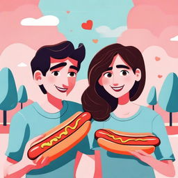 A high-quality digital art piece depicting a couple, each starting from the opposite end, sharing a hot dog