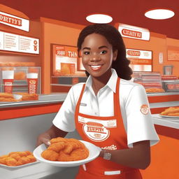 This is a high-quality digital art image featuring a high school student working at a Popeyes restaurant