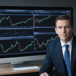 A YouTube thumbnail for a video on trading profits, featuring stock market charts, a confident trader, and vibrant, compelling text overlay