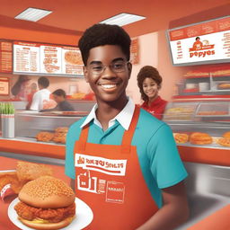 This is a high-quality digital art image featuring a high school student working at a Popeyes restaurant