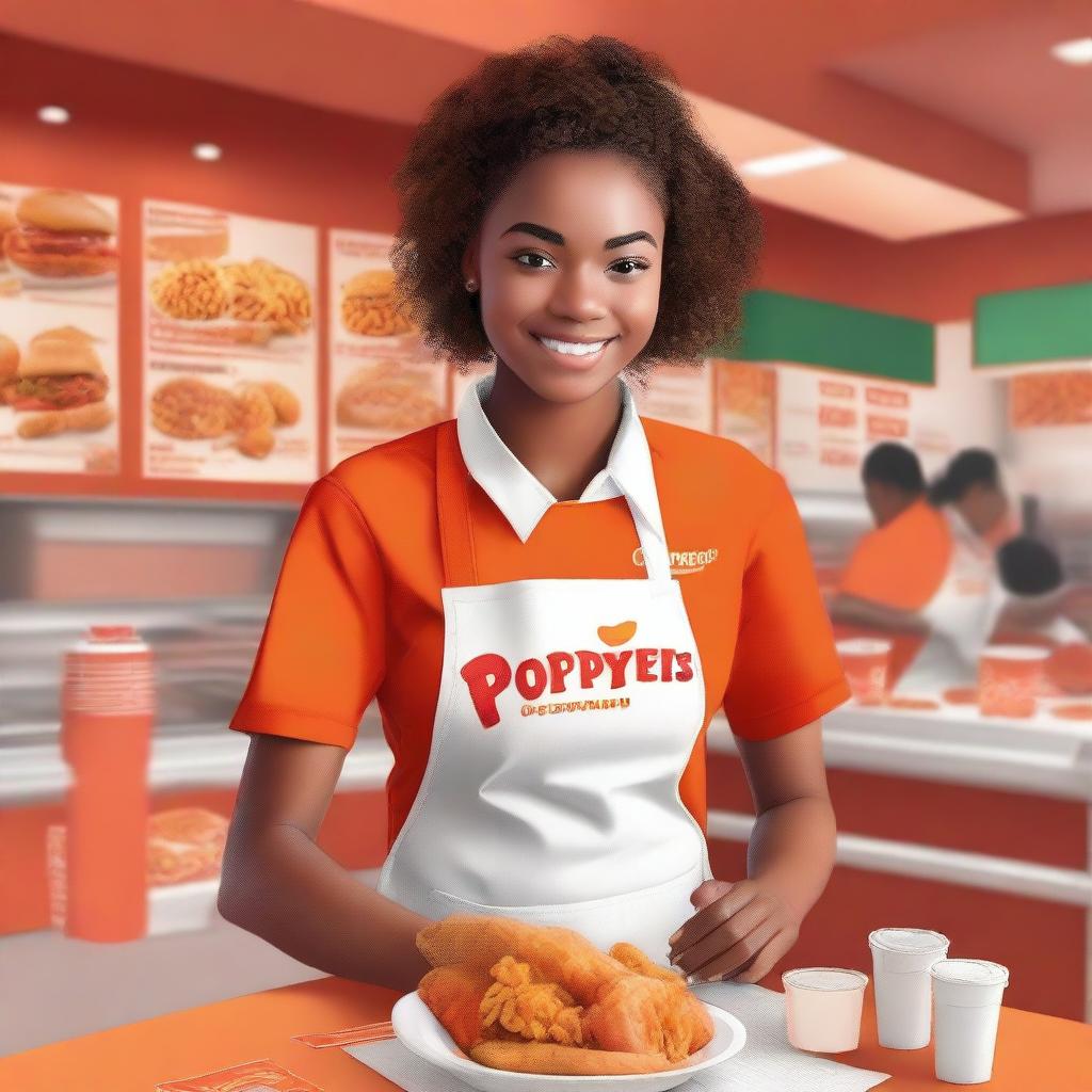 This is a high-quality digital art image featuring a high school student working at a Popeyes restaurant