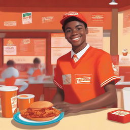 This is a high-quality digital art image featuring a high school student working at a Popeyes restaurant